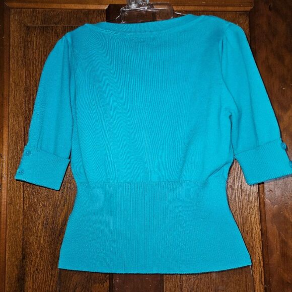 Takeout Teal Blue Cropped Button-Up Short Sleeve Shrug Cardigan Size Large - Picture 2 of 8